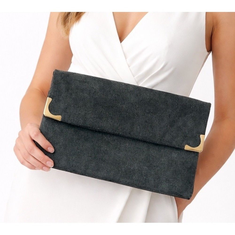 Gray Leather Suede Clutch Fold Over Flap Lined Handbag Vintage Grey Minimalist